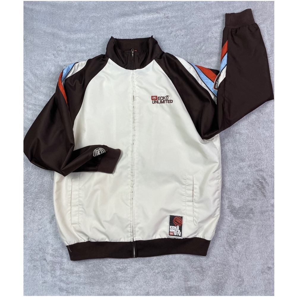 Ecko Unltd Vintage Track Jacket Mens Large Brown White Retro Y2K Hip Hop Zip Up